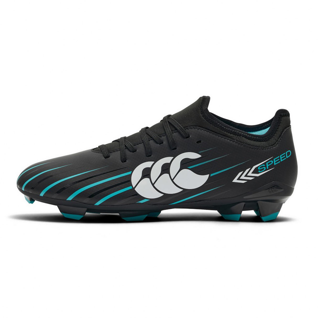 The Canterbury Speed Falcon 2.0 Team FG rugby boots by Canterbury feature a jet black and Baltic green colorway, lightweight design with laces, a prominent white logo on the side, and “SPEED” text near the heel, displayed on a plain white background.