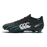 The Canterbury Speed Falcon 2.0 Team FG rugby boots by Canterbury feature a jet black and Baltic green colorway, lightweight design with laces, a prominent white logo on the side, and “SPEED” text near the heel, displayed on a plain white background.