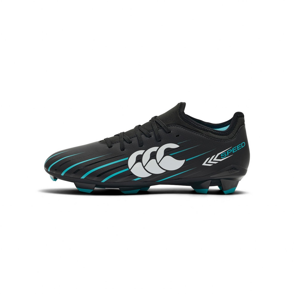 Canterbury Speed Falcon 2.0 Team FG rugby boots in jet black and baltic green, featuring a white “Canterbury” logo and “Speed” text on the side, with molded studs for traction.