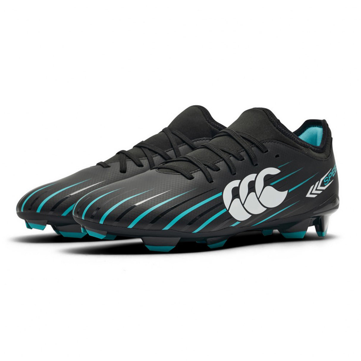 The Canterbury Speed Falcon 2.0 Team FG rugby boots in Jet Black and Baltic Green feature a lightweight design with teal and white accents, including a prominent white Canterbury logo on the side and patterned stripes across the front.