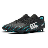 The Canterbury Speed Falcon 2.0 Team FG rugby boots in Jet Black and Baltic Green feature a lightweight design with teal and white accents, including a prominent white Canterbury logo on the side and patterned stripes across the front.