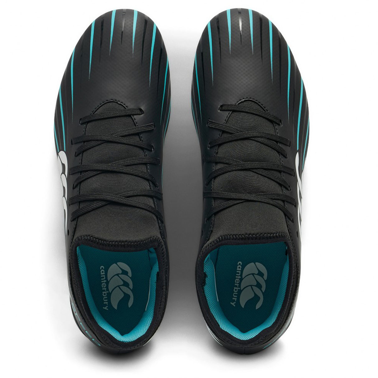 The Canterbury Speed Falcon 2.0 Team FG rugby boots in JET BLACK/BALTIC GREEN feature lightweight construction, firm ground performance, and stylish details—seen from above with the Canterbury logo on the insole and vibrant teal and white accents.