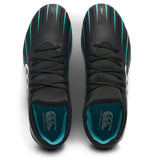 The Canterbury Speed Falcon 2.0 Team FG rugby boots in JET BLACK/BALTIC GREEN feature lightweight construction, firm ground performance, and stylish details—seen from above with the Canterbury logo on the insole and vibrant teal and white accents.