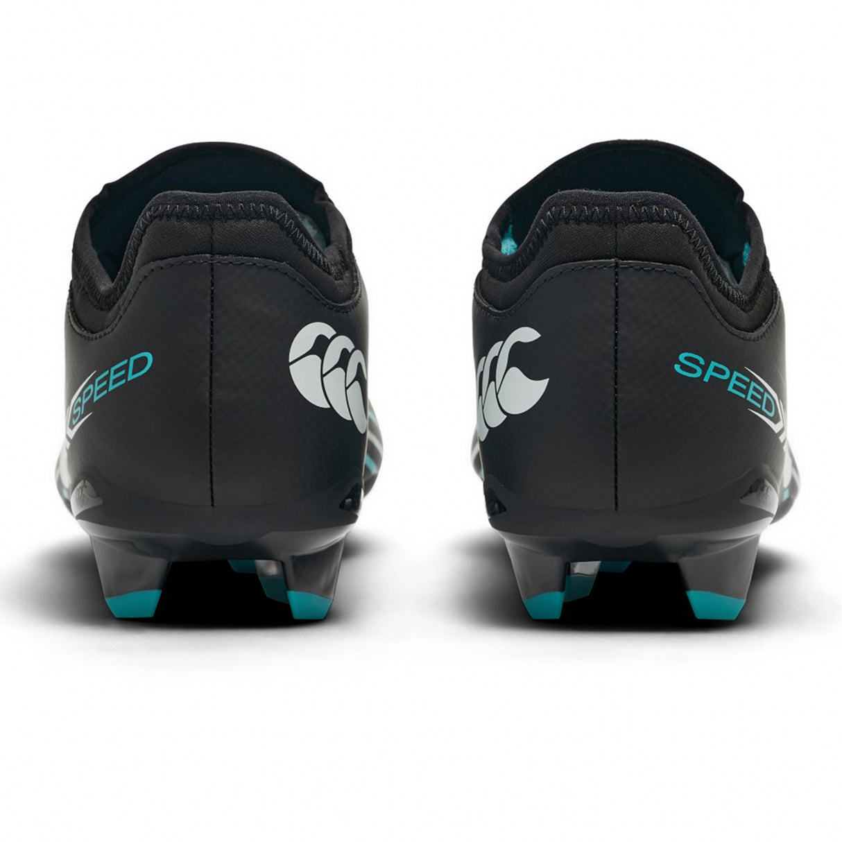 Rear view of a pair of Canterbury Speed Falcon 2.0 Team FG boots in jet black with Baltic green accents, featuring a white Canterbury logo and the word “SPEED” printed on the heels.