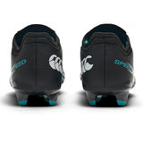Rear view of a pair of Canterbury Speed Falcon 2.0 Team FG boots in jet black with Baltic green accents, featuring a white Canterbury logo and the word “SPEED” printed on the heels.