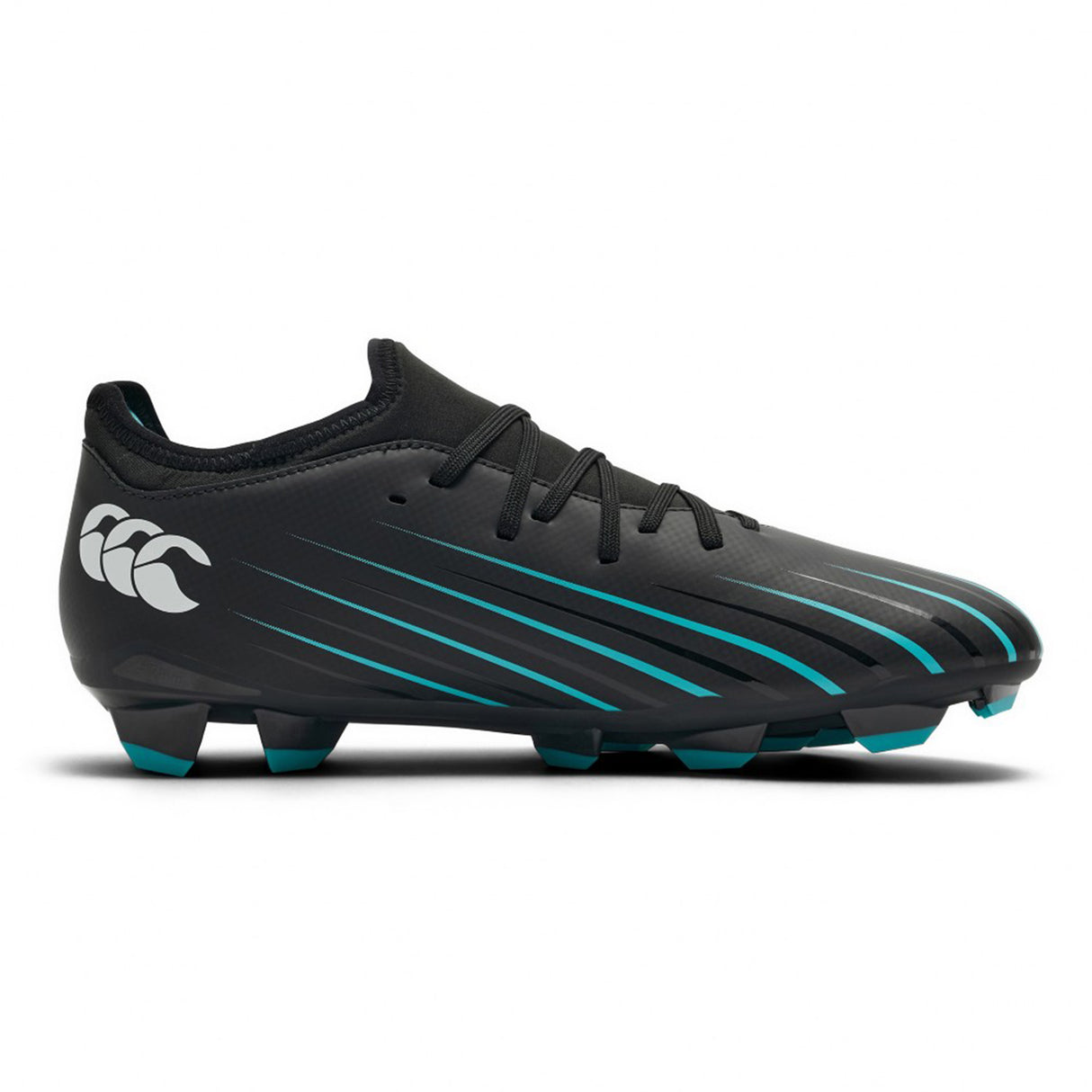 The Canterbury Speed Falcon 2.0 Team FG rugby boots by Canterbury feature a jet black and Baltic green design with blue stripe accents, lace-up closure, and molded studs for firm ground play, all showcased on a white background.