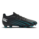 The Canterbury Speed Falcon 2.0 Team FG rugby boots by Canterbury feature a jet black and Baltic green design with blue stripe accents, lace-up closure, and molded studs for firm ground play, all showcased on a white background.