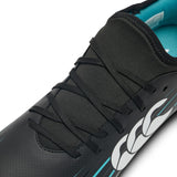 Introducing the Canterbury Speed Falcon 2.0 Team FG in Jet Black/Baltic Green—a close-up of this sleek black athletic shoe reveals black laces, a striking white Canterbury logo on the side, and vibrant Baltic Green accents on the inner lining. Perfect for those seeking lightweight rugby boots engineered for both comfort and agility.
