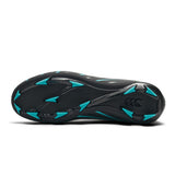The Canterbury Speed Falcon 2.0 Team FG rugby boots by Canterbury feature a black athletic sole with baltic green chevron-shaped studs and a logo near the heel, photographed on a plain white background. Designed for firm ground, these lightweight boots deliver exceptional traction and style.
