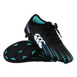 A pair of Canterbury Speed Falcon 2.0 Team FG rugby boots in jet black with Baltic green accents and a white Canterbury logo, one boot standing upright and the other positioned sideways to display the sole.