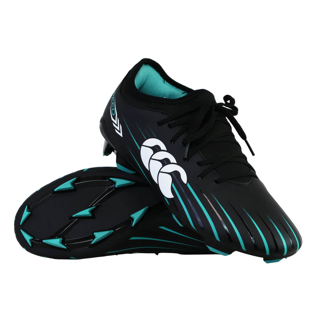 A pair of Canterbury Speed Falcon 2.0 Team FG rugby boots in jet black with Baltic green accents and a white Canterbury logo, one boot standing upright and the other positioned sideways to display the sole.