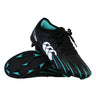 A pair of Canterbury Speed Falcon 2.0 Team FG rugby boots in jet black with Baltic green accents and a white Canterbury logo, one boot standing upright and the other positioned sideways to display the sole.