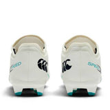 Rear view of a pair of Canterbury Speed Falcon 2.0 Team FG rugby boots in white with Baltic green and black accents, featuring the word "SPEED" and a black Canterbury logo on the heel area.
