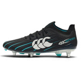 The Canterbury Speed Falcon 2.0 Elite SG rugby boots in JET BLACK/BALTIC GREEN feature teal accents, a white Canterbury logo, "SPEED" text, and molded studs for soft ground, shown from the side against a white background.