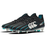A pair of Canterbury Speed Falcon 2.0 Elite SG rugby boots in Jet Black with Baltic Green accents, featuring a white Canterbury logo, lace-up closure, and molded cleats designed for soft ground performance, displayed on a white background.