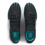 Top view of a pair of Canterbury Speed Falcon 2.0 Elite SG rugby cleats in Jet Black and Baltic Green, featuring mesh uppers, white Canterbury logos, teal accents, and lace-up closures, placed side by side on a white background.