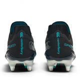 Pair of Canterbury Speed Falcon 2.0 Elite SG rugby cleats in Jet Black/Baltic Green, shown from the back with prominent "Canterbury" and "SPEED" branding, metallic studs, and Baltic Green accents.