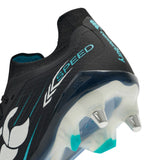 Close-up of the heel and sole of the Canterbury Speed Falcon 2.0 Elite SG rugby boot in Jet Black/Baltic Green, featuring metal studs for soft ground, with "SPEED" and the Canterbury logo visible.