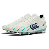A pair of Canterbury Speed Falcon 2.0 Elite SG rugby boots in white with Baltic green accents and cleats, featuring a prominent Canterbury logo on the side.