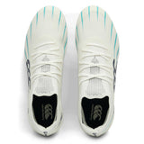 Top view of a pair of Canterbury Speed Falcon 2.0 Elite SG rugby boots in WHITE/BALTIC GREEN, featuring light blue stripes and the signature Canterbury logo on both the tongue and insole, engineered for peak performance on soft ground.