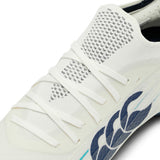 Certainly! Here’s the rewritten sentence using your product data: Close-up of a white Canterbury Speed Falcon 2.0 Elite SG rugby boot with white laces, featuring a Baltic Green logo and black design accents on the upper—these boots are engineered by Canterbury for optimal traction and performance on soft ground.