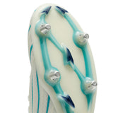 Close-up of the sole of a Canterbury Speed Falcon 2.0 Elite SG-WHITE/BALTIC GREEN soccer cleat, designed for soft ground, featuring metal studs and Baltic green accents on a white base—an excellent choice from Canterbury for athletes seeking performance features comparable to top rugby boots.