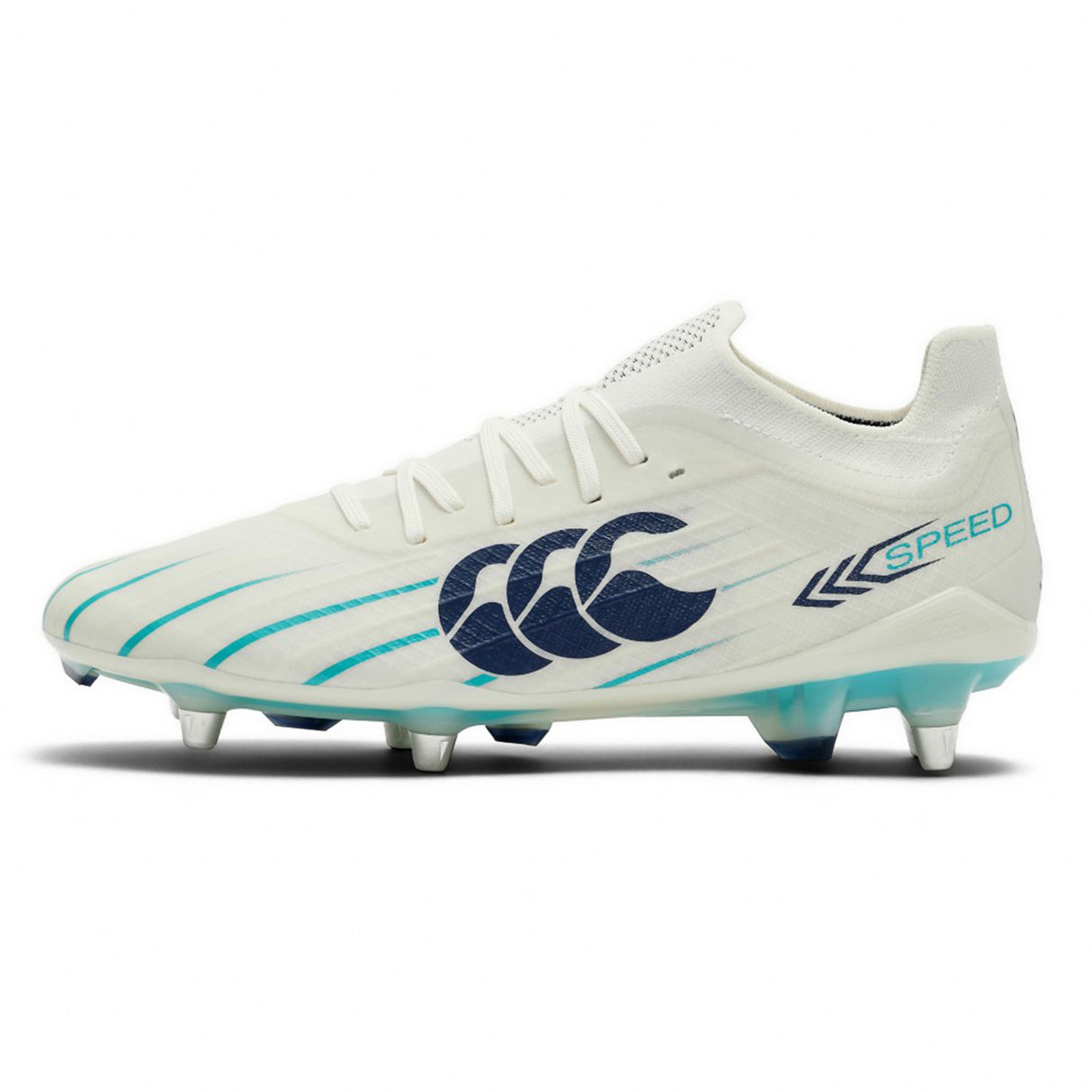Canterbury Speed Falcon 2.0 Elite SG rugby boots in white and Baltic green, featuring soft ground studs, “SPEED” text in blue on the heel, a blue Canterbury logo on the side, and turquoise accents against a white background.