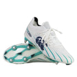 A pair of white and teal Speed Falcon 2.0 Elite SG rugby boots with black and blue accents, one shoe upright and the other positioned sole-up to show the studded soft ground bottom.