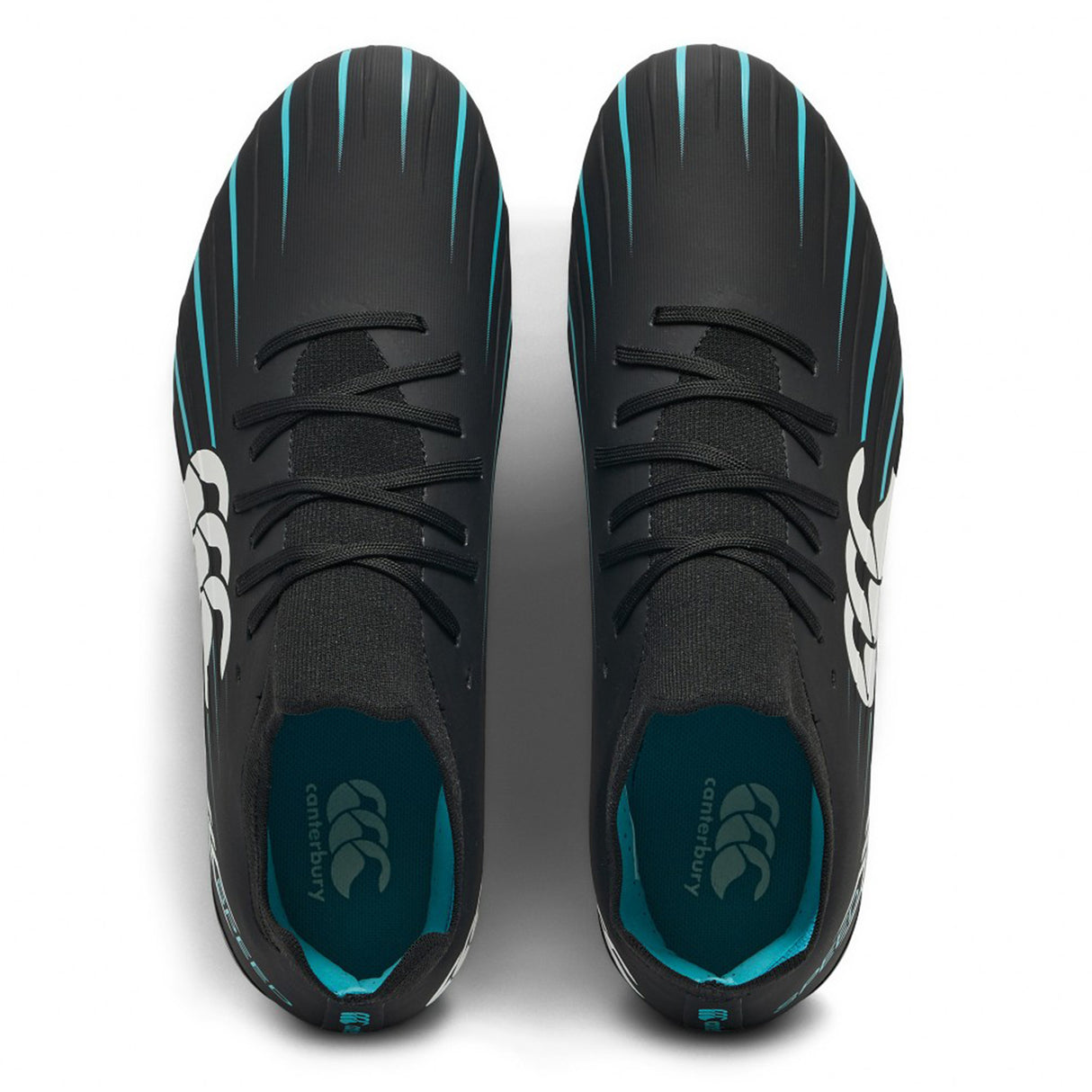 A pair of Canterbury Speed Falcon 2.0 Pro SG rugby boots in Jet Black and Baltic Green, shown from above on a white background.
