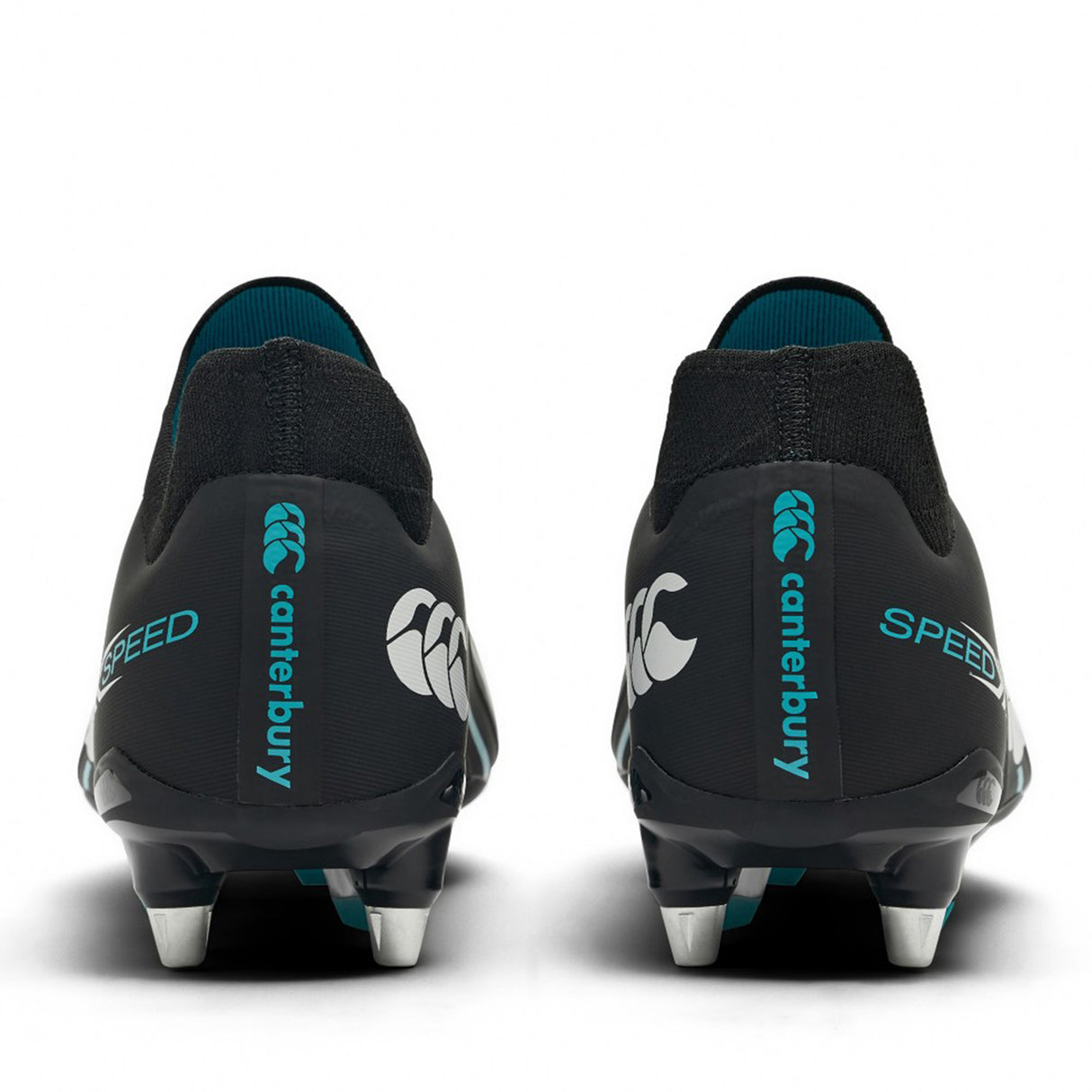 Rear view of a pair of Canterbury Speed Falcon 2.0 Pro SG rugby boots in jet black with silver studs and baltic green branding on the heels.