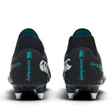 Rear view of a pair of Canterbury Speed Falcon 2.0 Pro SG rugby boots in jet black with silver studs and baltic green branding on the heels.