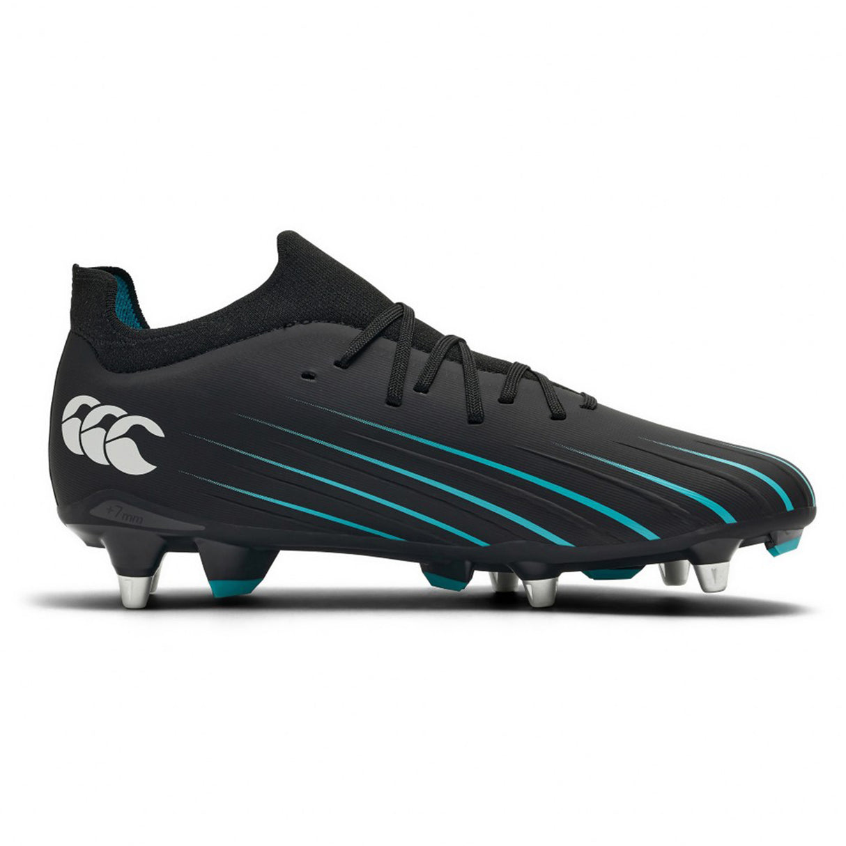The Canterbury Speed Falcon 2.0 Pro SG rugby boots by Canterbury feature a jet black upper with Baltic Green and blue stripes, metal studs, black laces, and a white logo on the heel, shown in a side view against a plain background.
