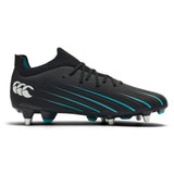 The Canterbury Speed Falcon 2.0 Pro SG rugby boots by Canterbury feature a jet black upper with Baltic Green and blue stripes, metal studs, black laces, and a white logo on the heel, shown in a side view against a plain background.