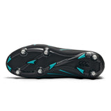 The underside of the Canterbury Speed Falcon 2.0 Pro SG rugby boot in Jet Black/Baltic Green, featuring six metal studs and the Canterbury logo near the heel—soft ground boots engineered for superior traction on wet pitches.