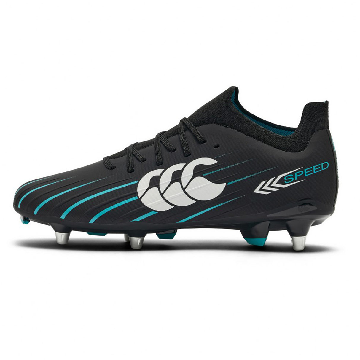 Canterbury Speed Falcon 2.0 Pro SG rugby boots in Jet Black and Baltic Green, featuring metal studs designed for soft ground play, diagonal stripes, and “SPEED” branded on the heel.