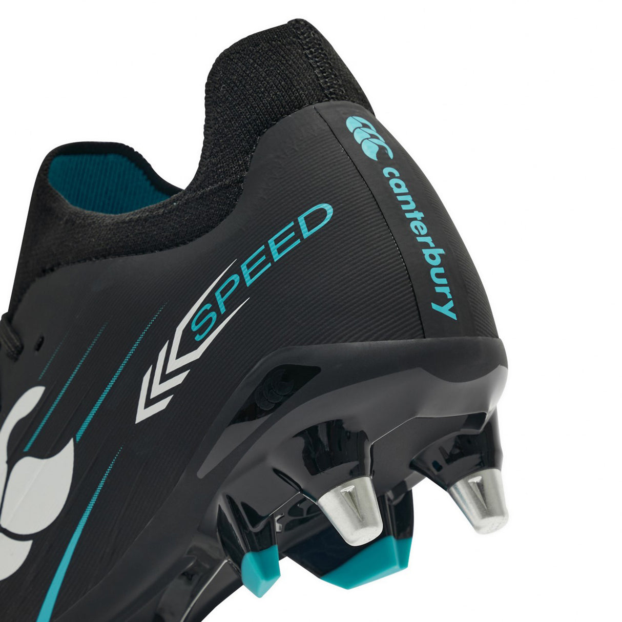Close-up of the heel and studs of the Canterbury Speed Falcon 2.0 Pro SG rugby boot in Jet Black/Baltic Green, featuring teal accents and “SPEED” printed on the side—designed by Canterbury for players who want lightweight soft ground boots that enhance traction and agility.