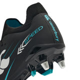Close-up of the heel and studs of the Canterbury Speed Falcon 2.0 Pro SG rugby boot in Jet Black/Baltic Green, featuring teal accents and “SPEED” printed on the side—designed by Canterbury for players who want lightweight soft ground boots that enhance traction and agility.