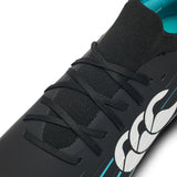 Close-up of the Canterbury Speed Falcon 2.0 Pro SG Rugby Boot in Jet Black/Baltic Green, featuring black laces, a white Canterbury logo on the side, and a striking Baltic Green inner lining—an ideal choice for those seeking soft ground rugby boots that seamlessly blend style and performance.