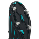 Close-up of the sole of a Canterbury Speed Falcon 2.0 Pro SG boot in Jet Black/Baltic Green, showing six metal studs, baltic green accents, and textured details.
