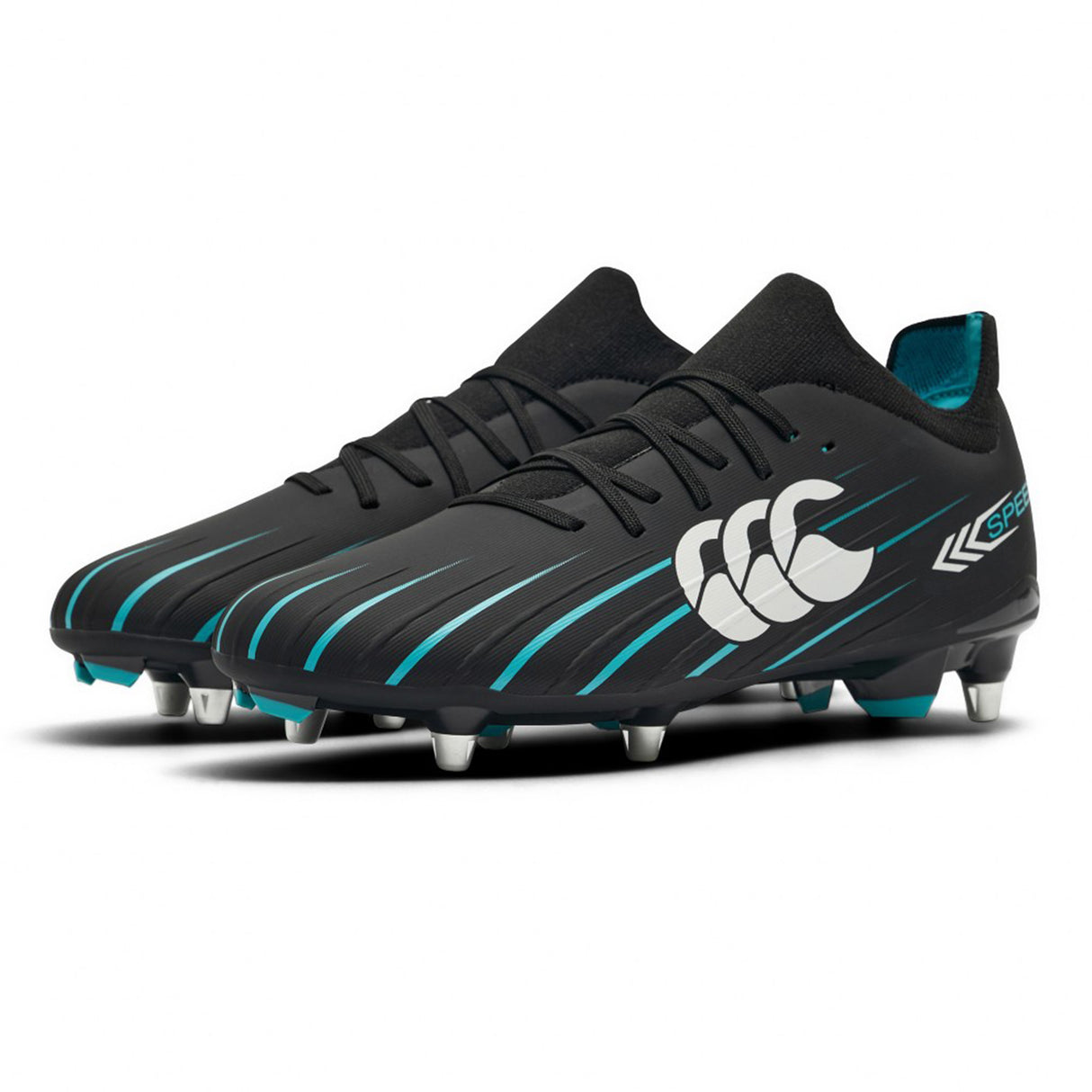 The Canterbury Speed Falcon 2.0 Pro SG rugby boots by Canterbury feature a jet black design with baltic green accents, metal studs, and a large white logo on the side, displayed on a white background.