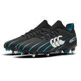 The Canterbury Speed Falcon 2.0 Pro SG rugby boots by Canterbury feature a jet black design with baltic green accents, metal studs, and a large white logo on the side, displayed on a white background.