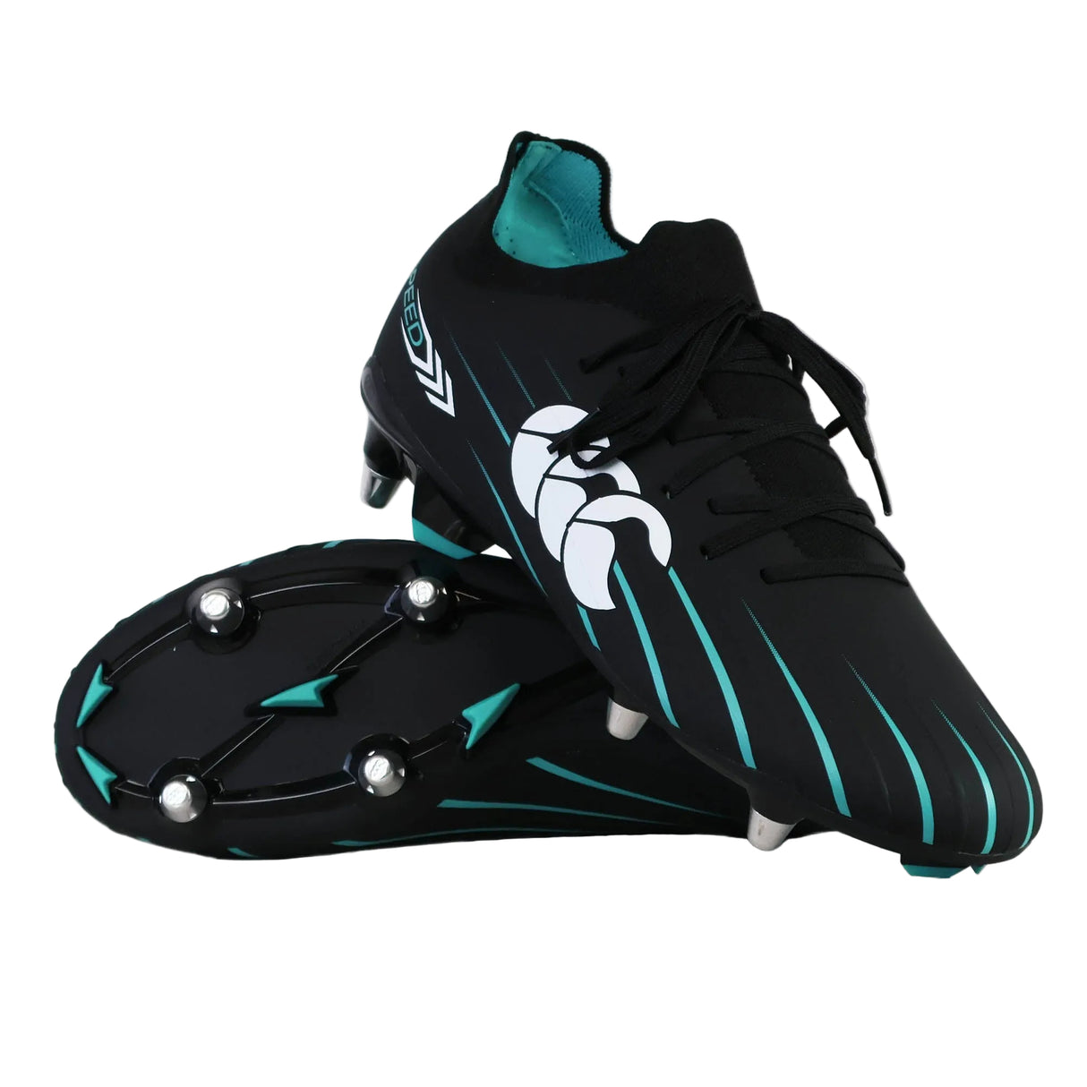 A pair of Canterbury Speed Falcon 2.0 Pro SG soccer cleats in Jet Black with Baltic Green accents and white Canterbury logos, one standing upright and the other displaying the metal soft ground studs—ideal for rugby or soccer on soft ground surfaces.