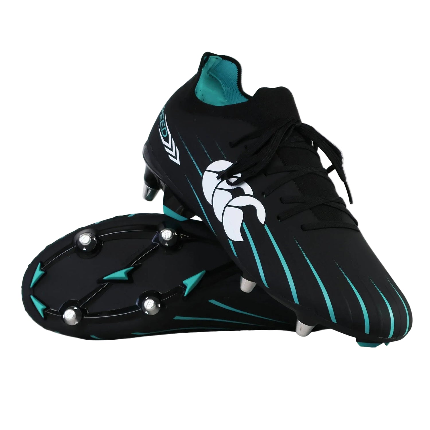 A pair of Canterbury Speed Falcon 2.0 Pro SG soccer cleats in Jet Black with Baltic Green accents and white Canterbury logos, one standing upright and the other displaying the metal soft ground studs—ideal for rugby or soccer on soft ground surfaces.