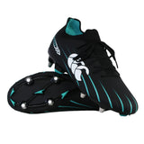 A pair of Canterbury Speed Falcon 2.0 Pro SG soccer cleats in Jet Black with Baltic Green accents and white Canterbury logos, one standing upright and the other displaying the metal soft ground studs—ideal for rugby or soccer on soft ground surfaces.