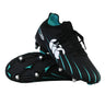 A pair of Canterbury Speed Falcon 2.0 Pro SG soccer cleats in Jet Black with Baltic Green accents and white Canterbury logos, one standing upright and the other displaying the metal soft ground studs—ideal for rugby or soccer on soft ground surfaces.