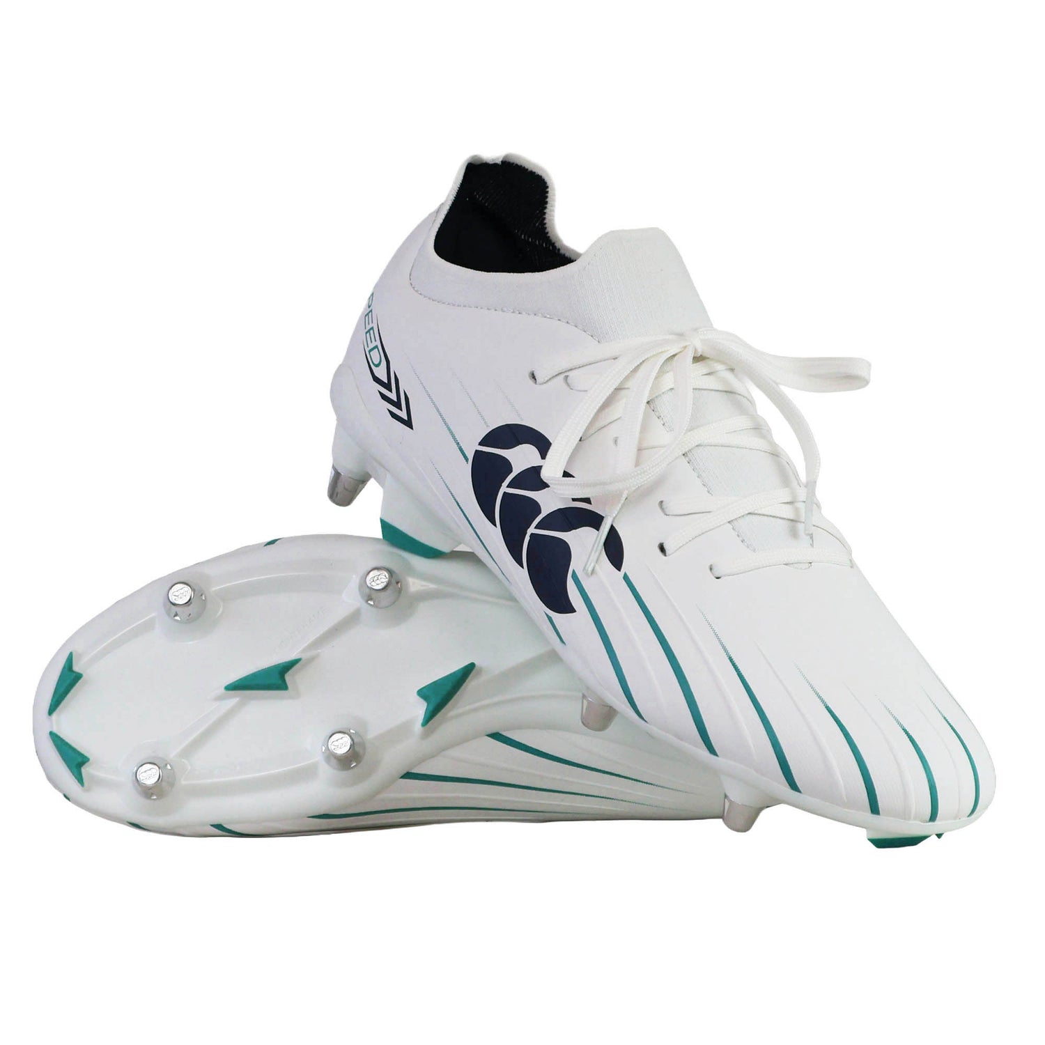 Step up your game with the Canterbury Speed Falcon 2.0 Pro SG rugby boots in WHITE/BALTIC GREEN—lightweight cleats featuring teal (Baltic Green) and black accents, a lace-up design, and metal studs for superior traction—designed for speed and agility just like other high-performance Canterbury boots.