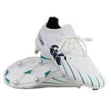 Step up your game with the Canterbury Speed Falcon 2.0 Pro SG rugby boots in WHITE/BALTIC GREEN—lightweight cleats featuring teal (Baltic Green) and black accents, a lace-up design, and metal studs for superior traction—designed for speed and agility just like other high-performance Canterbury boots.