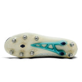 White and Baltic Green Canterbury Stampede Groundbreak Elite SG rugby boot sole with metal studs.