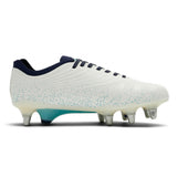 Canterbury Stampede Groundbreak Elite SG Rugby Boots in white and Baltic Green, featuring blue-green speckled accents, dark blue laces, and metal studs.