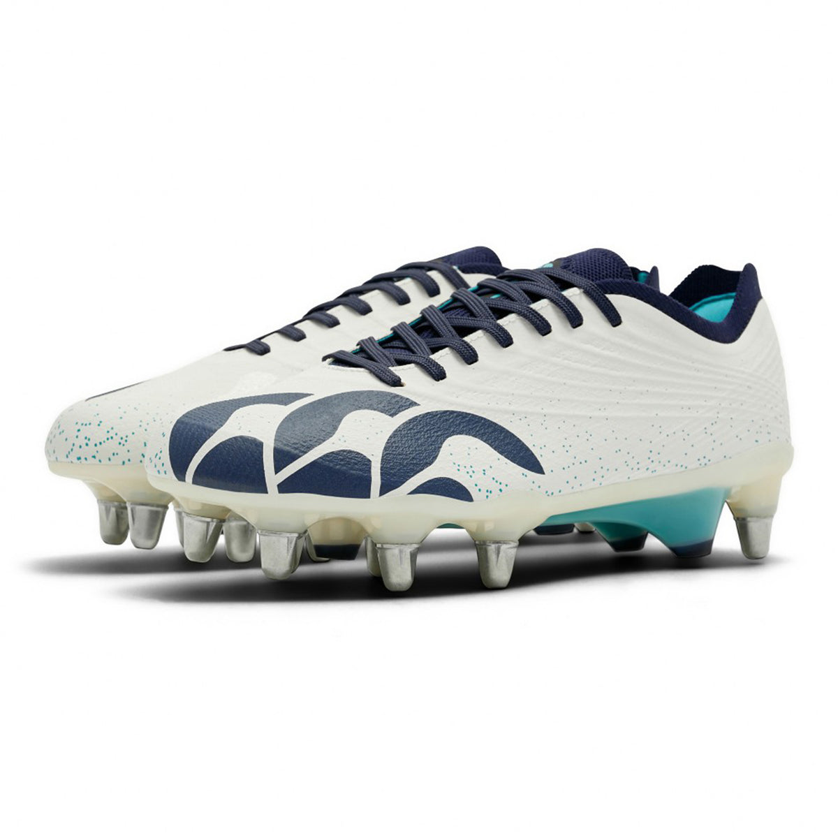 Canterbury Stampede Groundbreak Elite SG Rugby Boots in white and Baltic Green, featuring metal studs and teal accents on the sole.